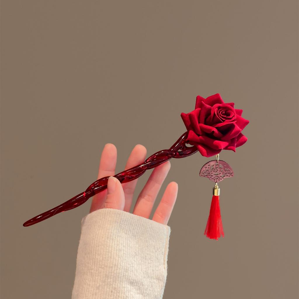 1 Stück Haarstab für Damen Chinesisch Vintage Rote Rose Mit Quaste & Fächer Detail Mode Haaraccessoire Für Traditionelle & Tägliche Kleidung