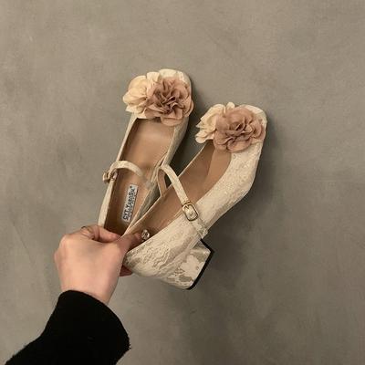 French Fairy Style Thick Heel Mary Jane Single Shoes Women's Shoes New Camellia Flower Design Evening Shoes