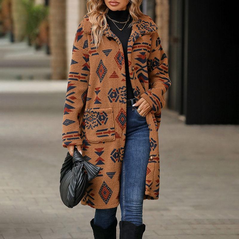 Autumn and Winter Printed Plush Coat Flip Collar Single Breasted Long Sleeved Jacket Women's Warm Comfortable Outerwear Retro Ethnic Style