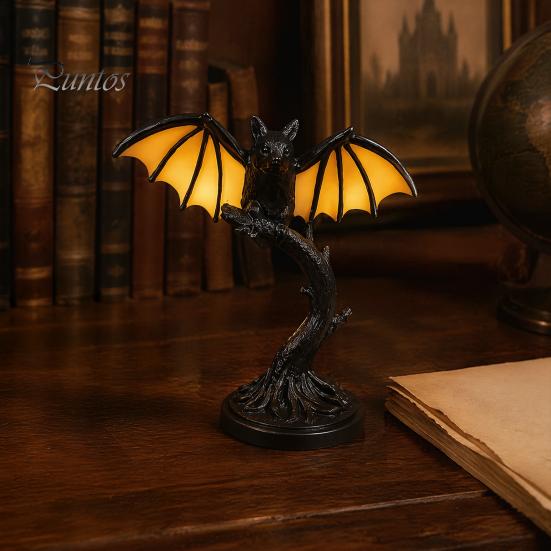 Retro Żywiczna Lampa Biurkowa Winylowa Czarna Nietoperz Lampa Stołowa, Gotycka Dekoracyjna Lampka Nocna, Tajemniczy Styl Akcenty Domowe Lampa do Sypialni Salonu Biura,