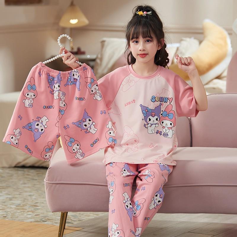 Girls Cotton Pajama Set Lightweight Short Sleeve Long Pants 3-Piece Sleepwear Kids Ages 8