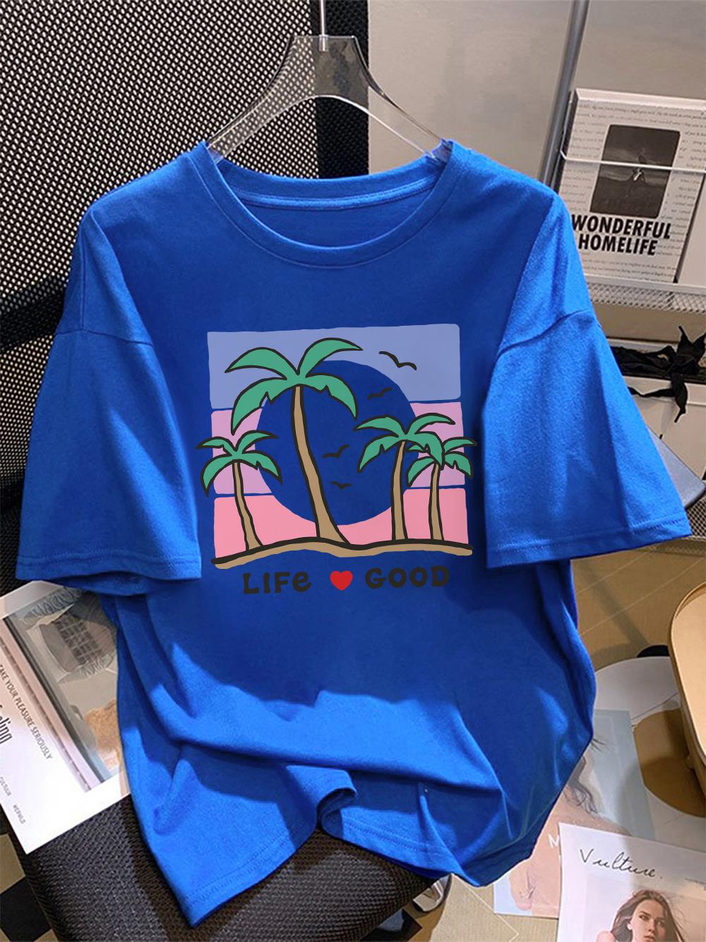 

100 Cotton Summer TShirts Womens Life Love Coconut Tree Prints Tops Soft Loose ONeck Short Sleeve Tees Basic Woman Clothes S