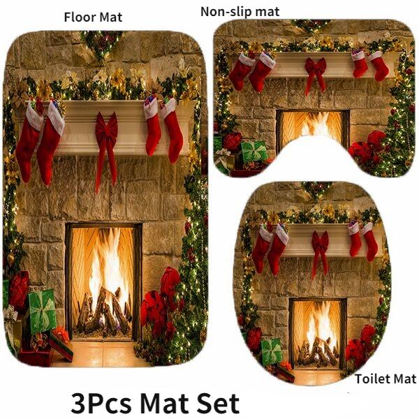 Santa Vánoční sada sprchových závěsů Vanová předložka Protiskluzový koberec Koupelnová přepážka Vodotěsná Domácí dekorace Cortinas Para Ba ñO
