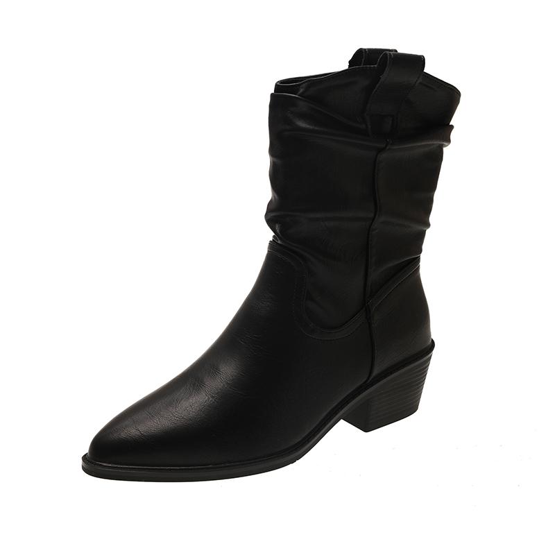Fashion 2025 New Style High Heels Pleated Boots for Women Autumn Winter Leather Western Boots Woman Thick Heeled Boots