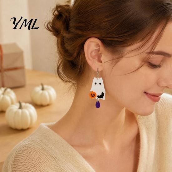 Colorful Patterned Ear Ornaments 1 Pair 2D Acrylic Halloween Dangle Drop Earrings for Women, Stylish Theme Party Accessories Spooky Ghost Cat Pumpkin
