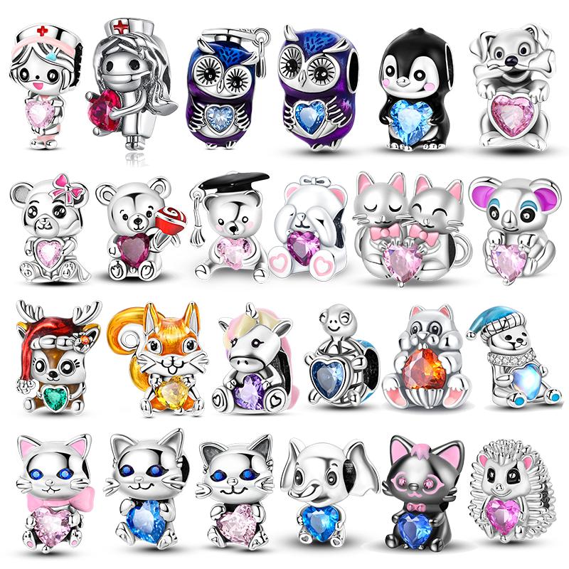 Fit Original Bracelet Copper Charms Cat Dog Animal Heart-Shaped Zirconia Beads For Women Jewelry Diy Making Gifts