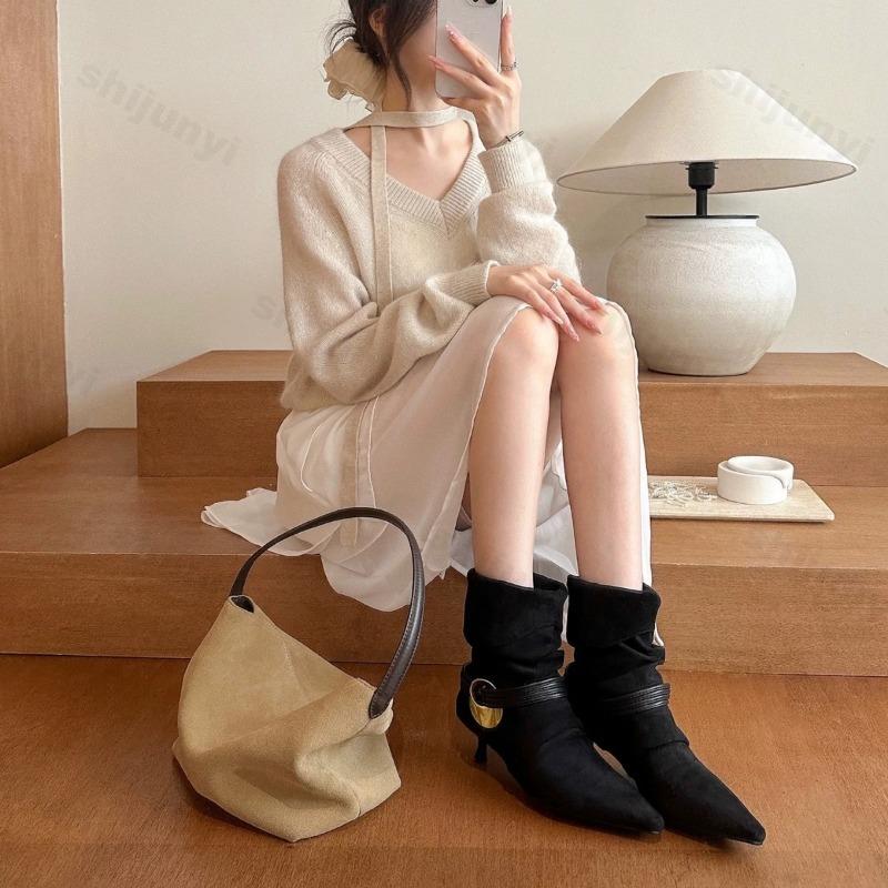 Fashion Women's Ankle Boots 2025 Autumn Pointed Toe High Heels Shoes Woman Chelsea Boots Dress Pumps Suede Leather Mujer Zapatillas