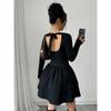 Vår høst avslappet slank svart elastisitet volang puffkjoler elegant A-linje O-hals langermet ensfarget fest minikjole dame