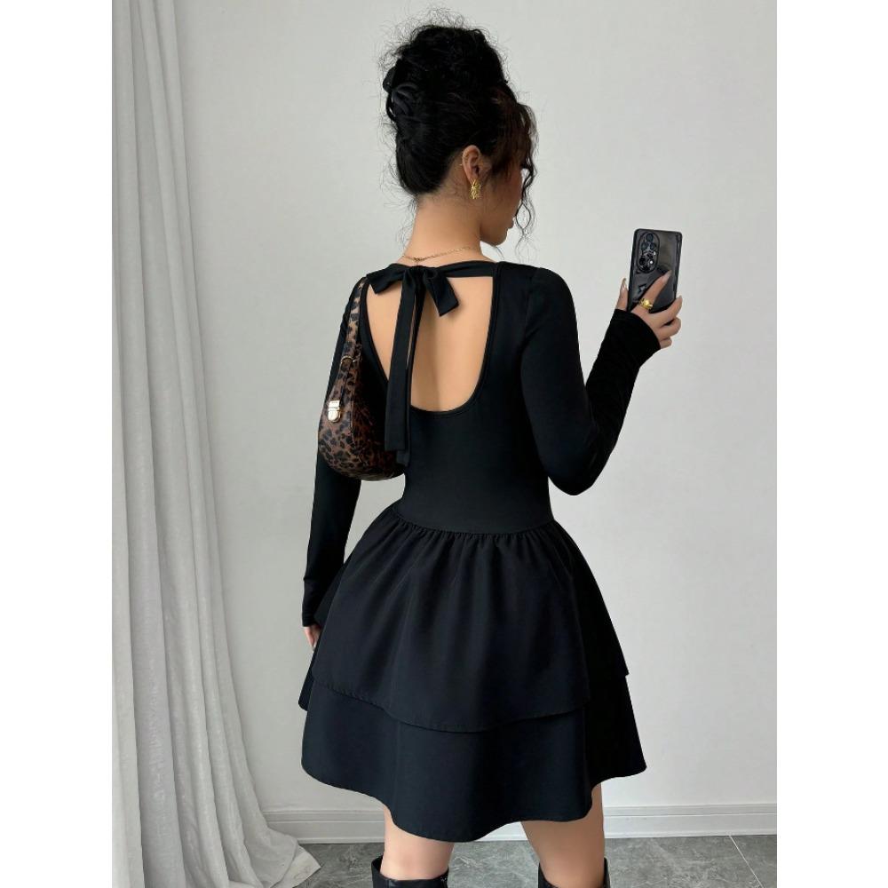 Vår høst avslappet slank svart elastisitet volang puffkjoler elegant A-linje O-hals langermet ensfarget fest minikjole dame