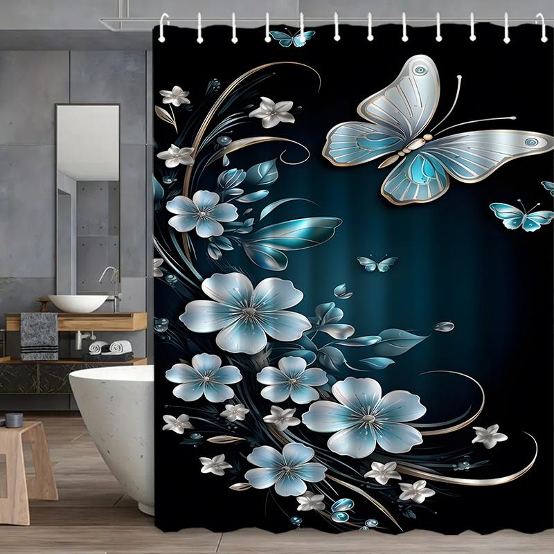 

Luxury Butterfly Shower Curtain Blue Floral Design Black Background Waterproof Bath Decor Stylish Home Bathroom Accessories 90x180CM