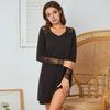 Long Sleeve Nightgowns for Women V Neck Lace Patchwork Nightshirts Fake Placket Button Down Mini Nightdress