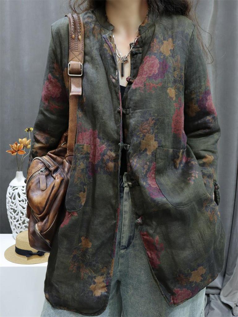2026 Autumn Retro Print Women's Cotton-Linen Mid-Length Casual Frog Button Jacket
