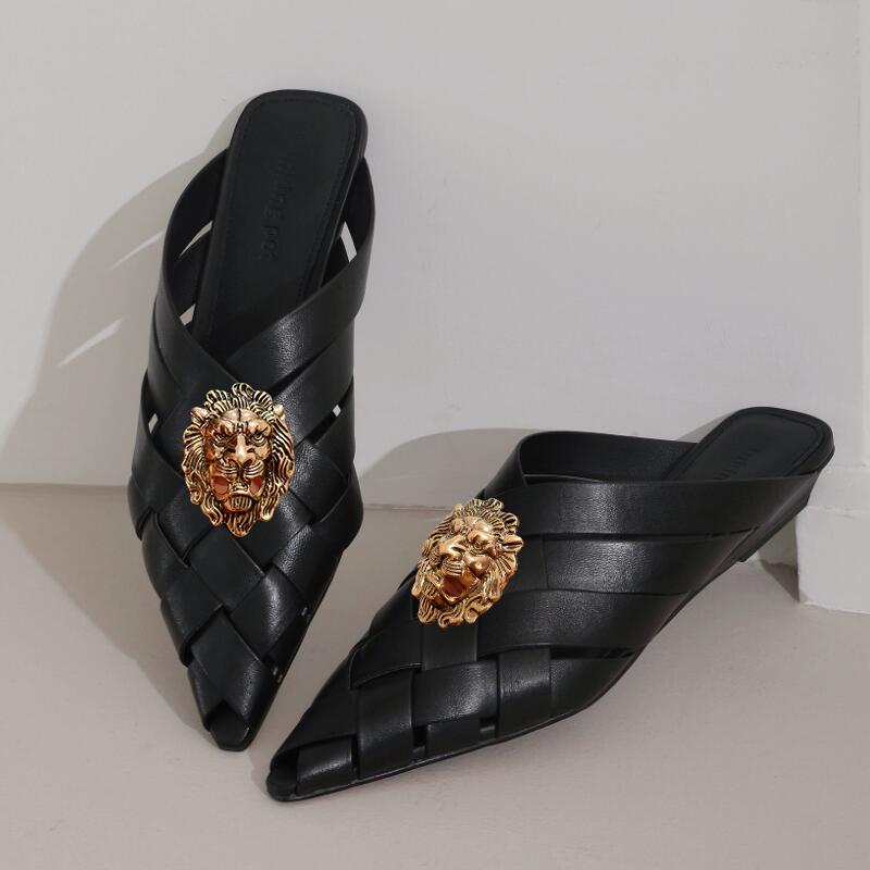 Fashion Hollowed-out Woven Pointed-toe Flip-flops for Women, New Thick-heeled Fashion, Closed-toe Half Slippers, Mules T77