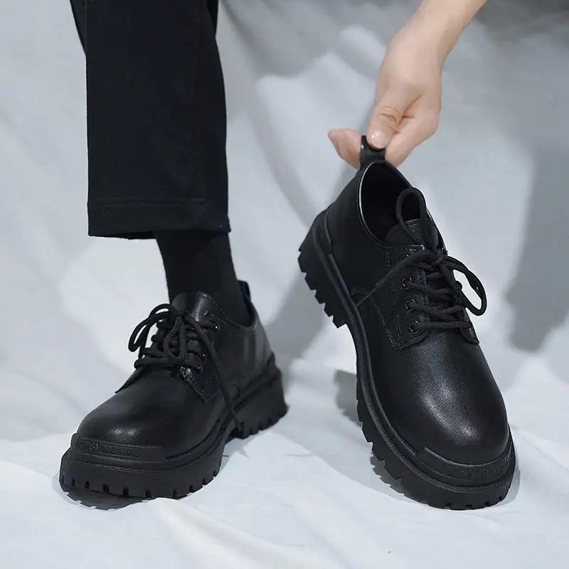 Fashion Lace Up Leather Shoes for Men Platform Round Toe Thick Sole Shipping Free New In Man Casual Shoe Legitimate 2024 Trend Low Price