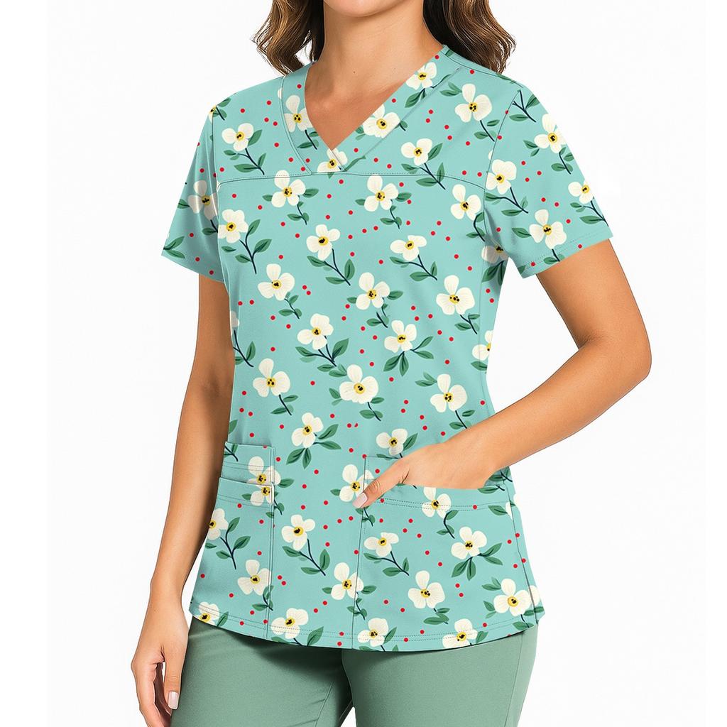 Women's Casual Printed V-Neck Pocket Side Slit Short Sleeved Top Short Sleeved Top