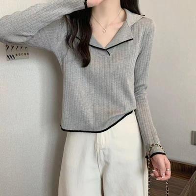 Pull Maille Base Col Polo Manches Longues T-shirt Haut Femme Automne Vêtements Automne Style Printemps Automne