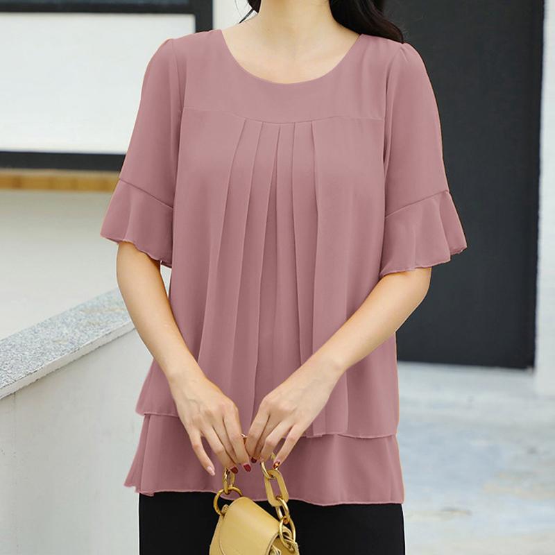 

ZANZEA Женская повседневная блузка с круглым вырезом, свободного кроя, с рукавом до локтя, двухслойная, однотонная 5XL камео розовый