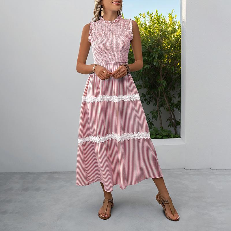 Summer New Style Casual Sweet Dress for Women Featuring Lace, Frills At The Ears, Sleeveless and Striped Design.