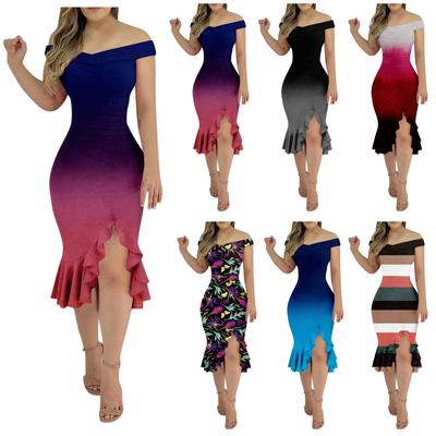 Women's Sexy Gradient Color Print Side Split One-Neck Backless Irregular Hem Dress