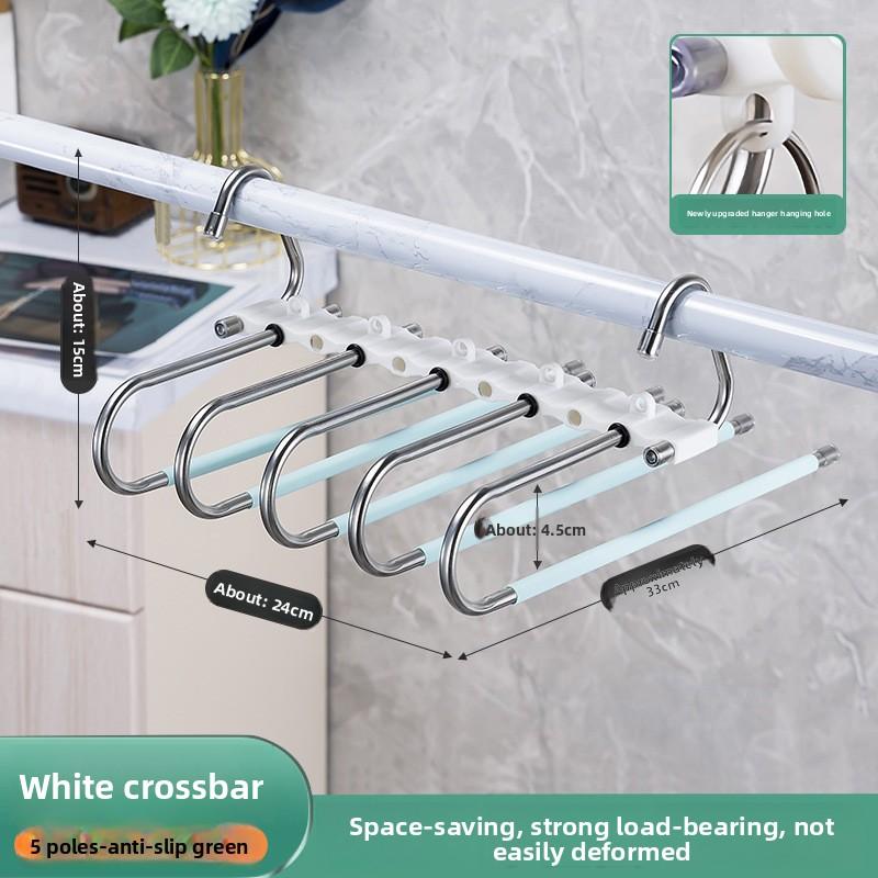 

Металлическая вешалка для брюк с 9 ярусами и противоскользящим покрытием, дизайн из нержавеющей стали, включая 5 крючков, уменьшающая беспорядок на 80%, для облегающих джинсов и джинсовой ткани