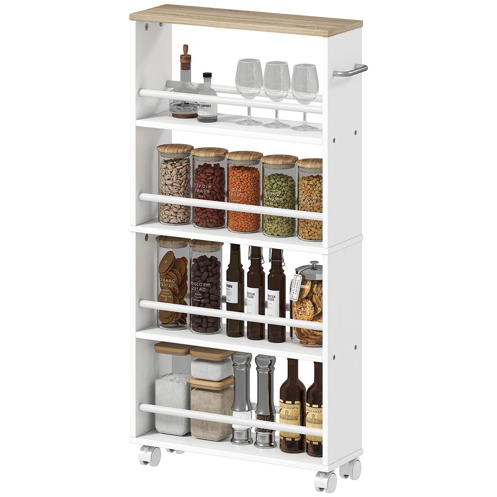 Multifunctional Natural Wood Shelf with Wheels, Slim Design, 4 Compartments, 45x15x91 Cm, White
