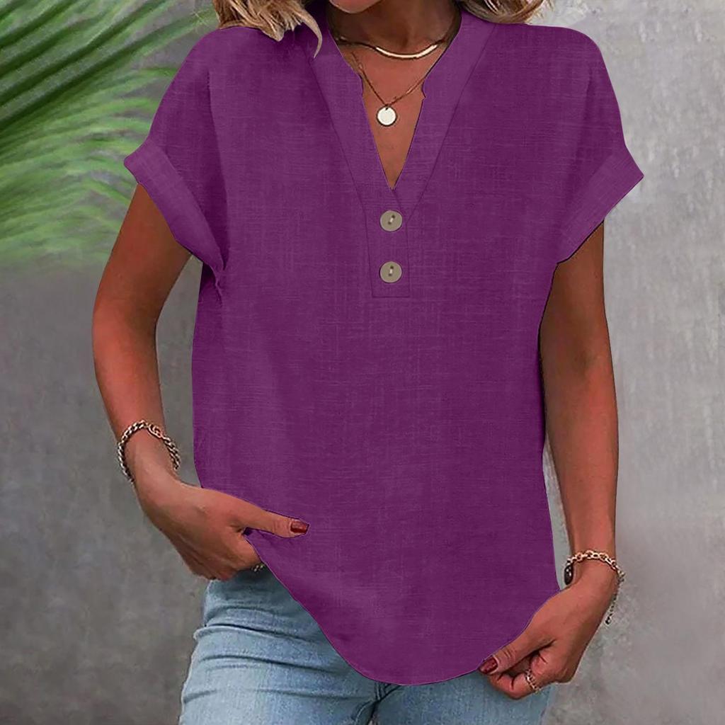 2025 Women's Solid Color V-Neck Buttoned Cotton-Linen Short-Sleeve Top
