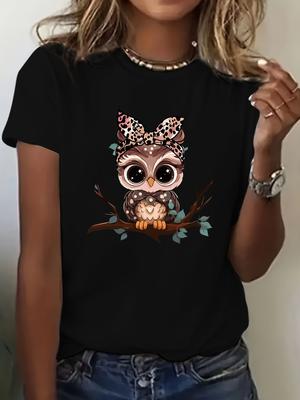 Eulen-Print Rundhals-T-Shirt, Lässiges Kurzarm-Oberteil für Frühling & Sommer, Damenbekleidung