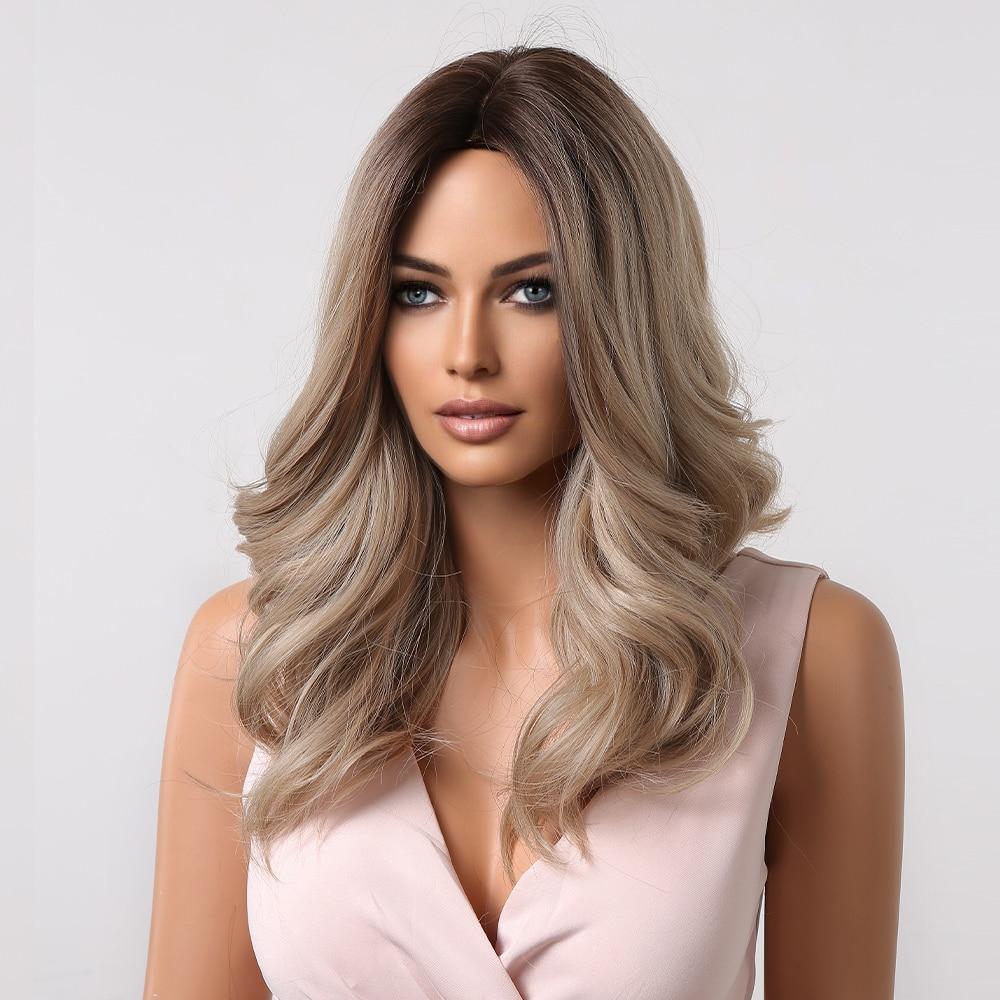 ALAN EATON Medium Long Water Wave Ombre Brown Blonde Synthetic Wigs Natural Middle Part Heat Resistant Hair Wigs for Black Women