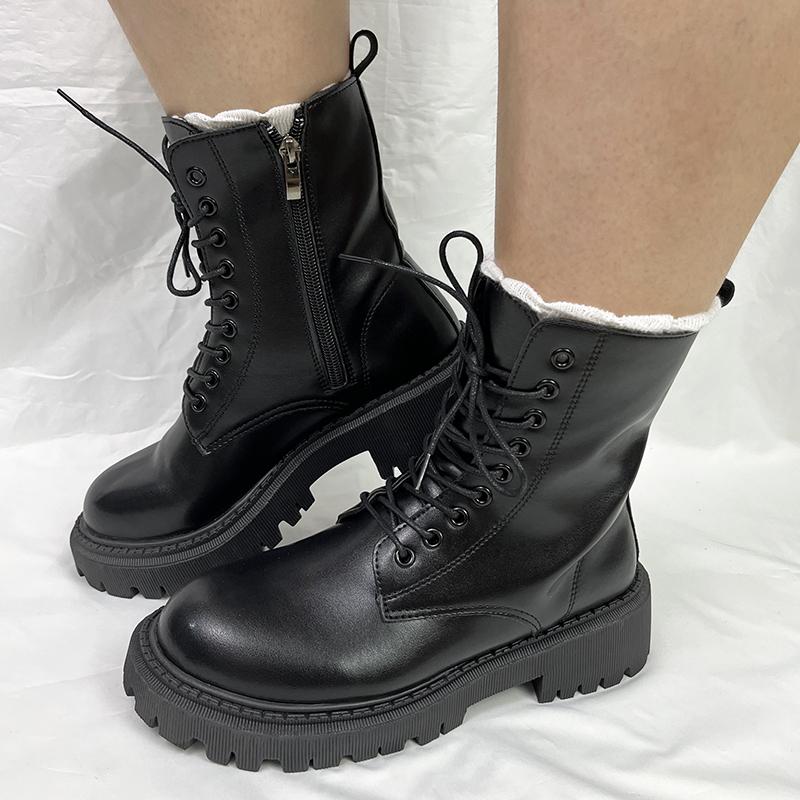 Vinterplatåstövletter Dam Höst Tjock Sula Motorcykelstövlar Kvinna Förtjocka Varma Snörskor Damer