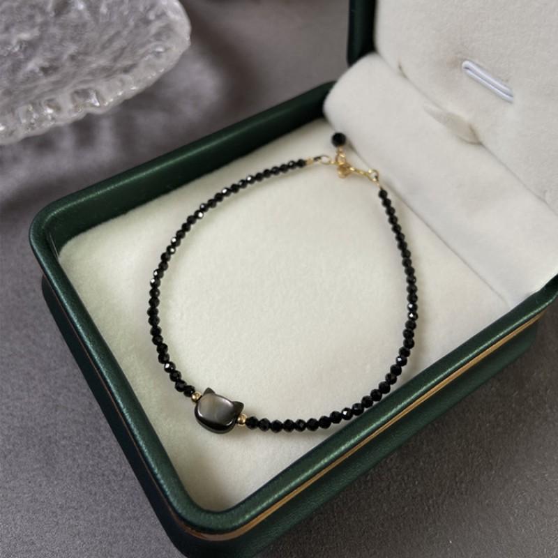 Adjustable 14K Gold Plated Cat Bracelet With Natural Crystal Black Spinel Beads Handmade Animal Charm Jewelry Women