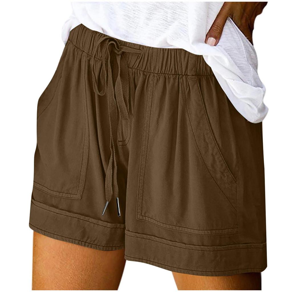Women's Fashion Solid Color Drawstring Strap Pocket Casual Shorts
