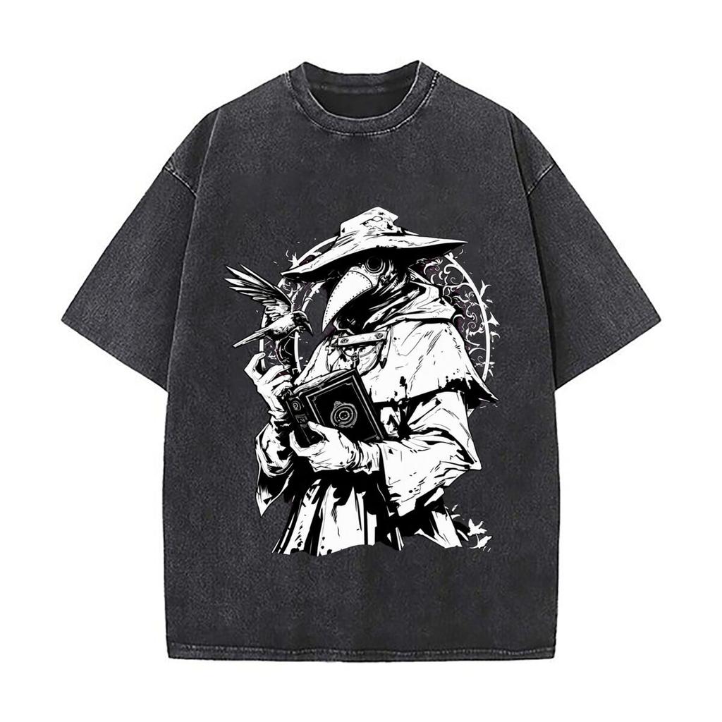 Plague Doctor Raven Book Dark Academia Steampunk Halloween Distressed Vintage Oversized Streetwear Tops for Coffee Dates
