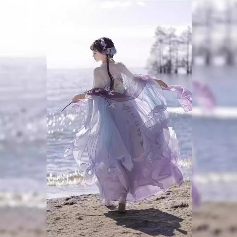 Damen Tang-Dynastie Stil Hanfu Kleid Mit Gestickten Weiten Ärmeln Hoher Taille Ruqun In Lila-Blau Leichter Chiffon