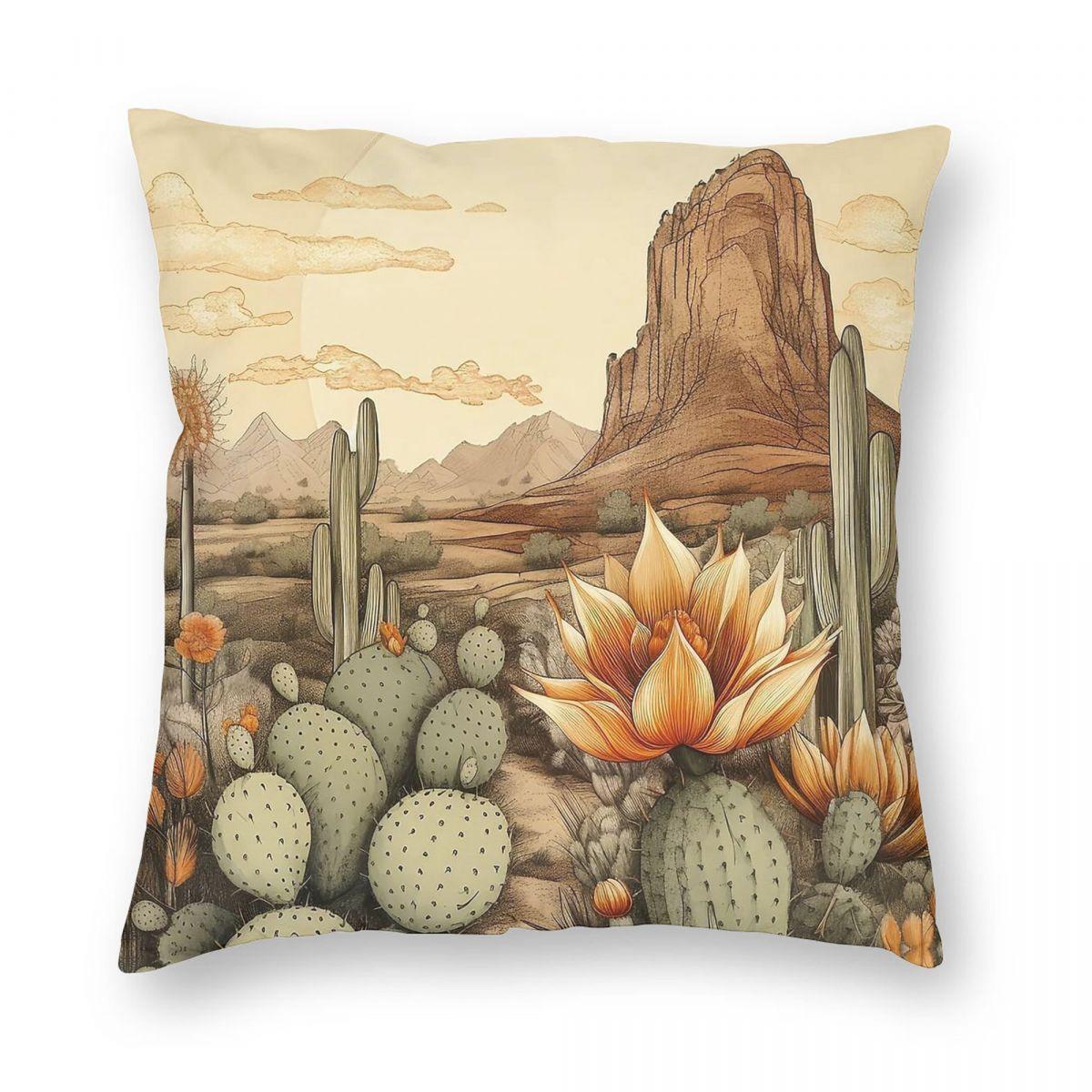 Western Desert Blooming Cactuses Pillowcase Polyester Linen Velvet Pattern Zip Decor Bed Cushion Cover 30x30cm