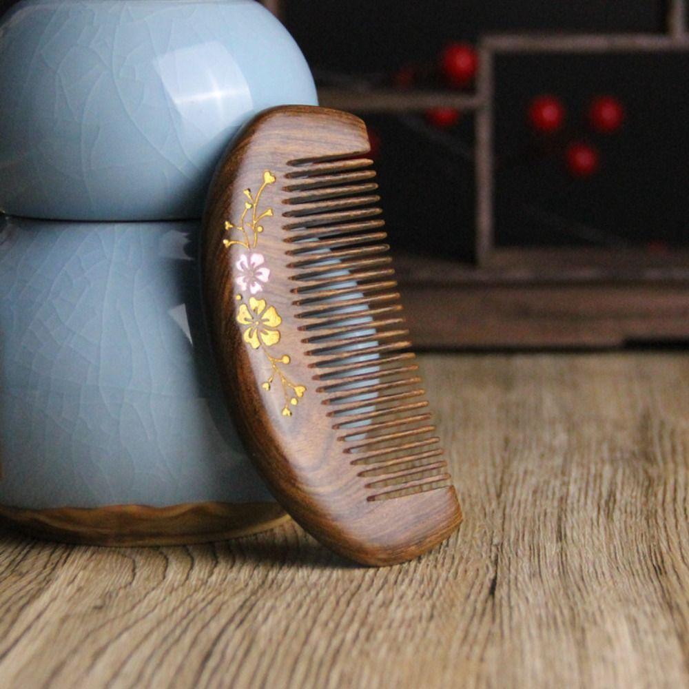 Gold Sandalwood Sandalwood Hair Comb Pink Plum Blossom Wood Combs New Head Massage Comb Gift