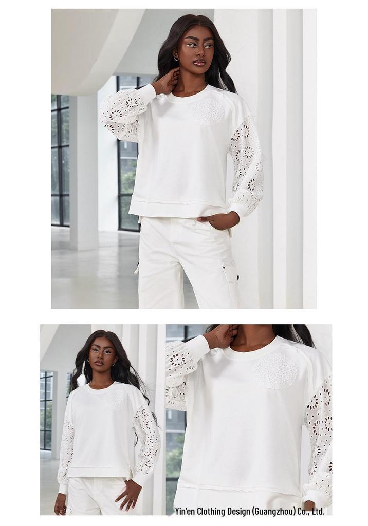 Solid Color Crochet Patchwork Long Sleeve Hoodie