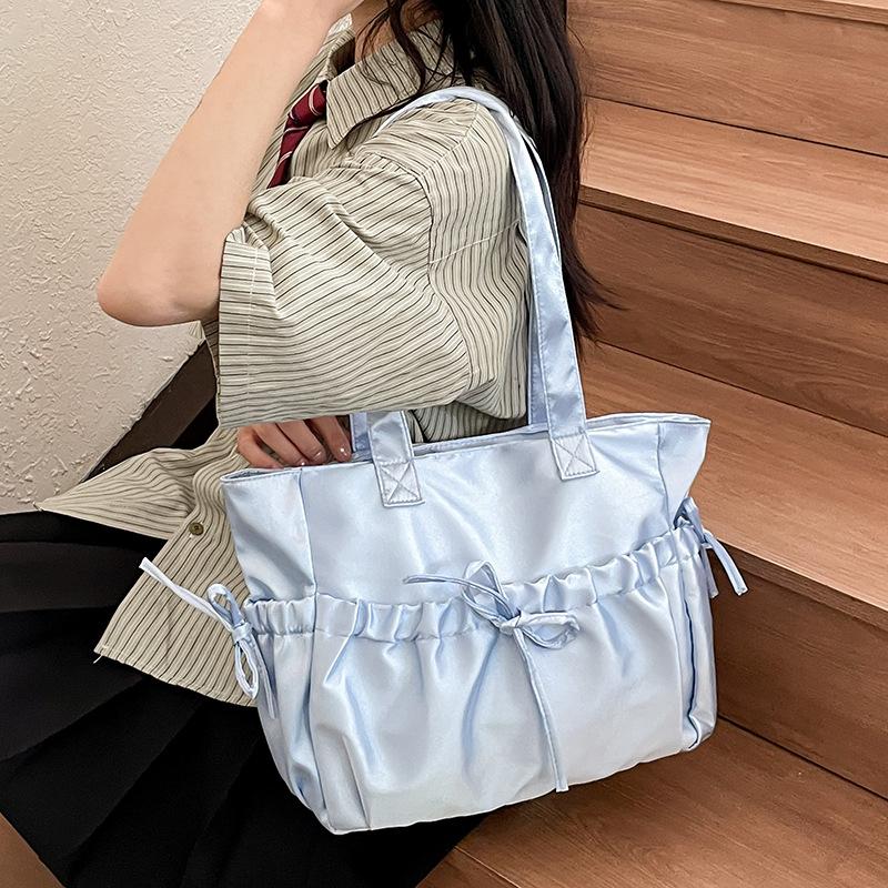 Satin Ballet Style Pleated Bow Girls Shoulder Bags Sweet Candy Color Ladies Underarm Bag Korean Casual Women Laptop Large Tote