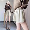 Women's High-Waist Khaki PU Leather Shorts, Autumn/Winter 2024, European Style, Casual A-Line Boot Pants by Melaard