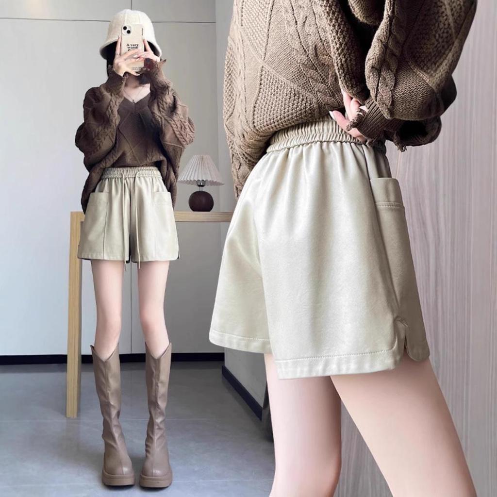 Women's High-Waist Khaki PU Leather Shorts, Autumn/Winter 2024, European Style, Casual A-Line Boot Pants by Melaard