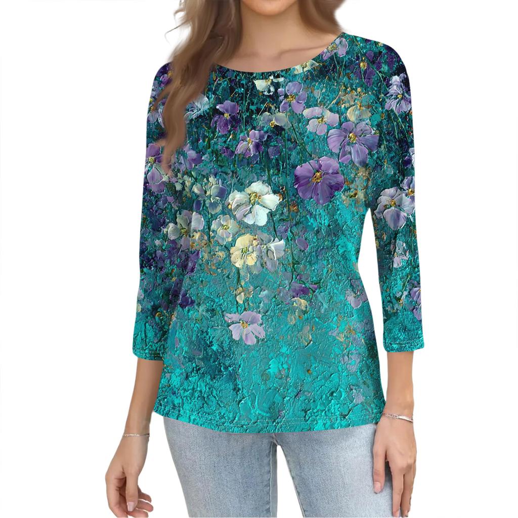 Mote Casual Rund Hals 3/4 Erme Løs Trykket T-skjorte Dame Topp