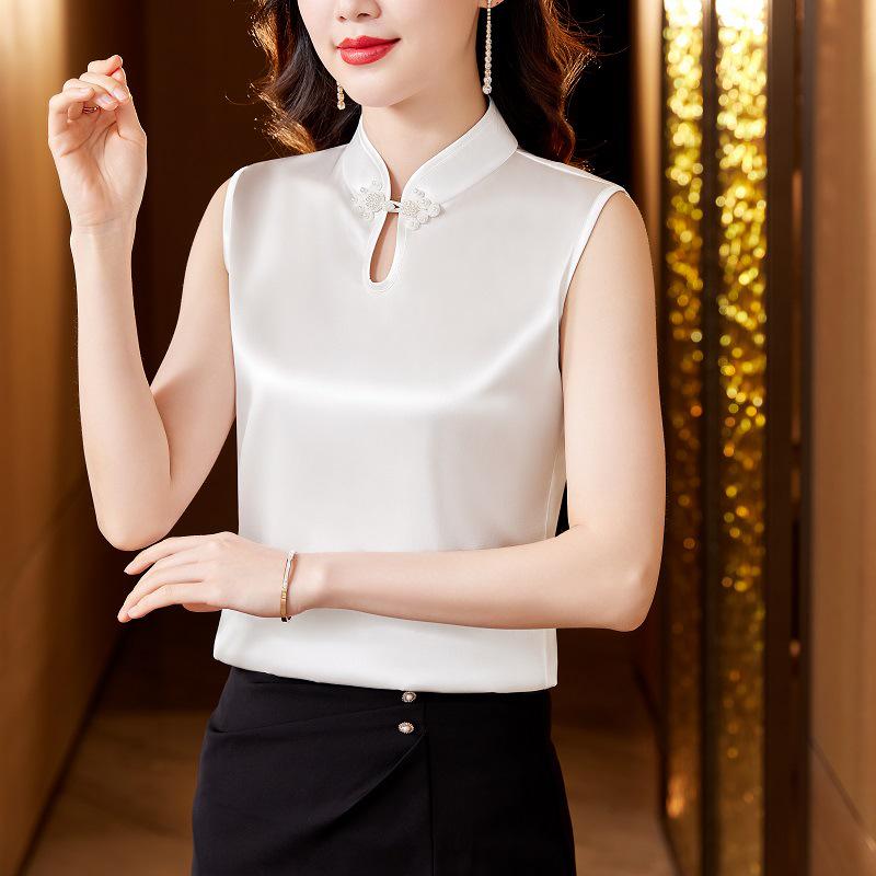 2024 Summer Women's Satin Camisole with Stand-up Collar & Frog Button - Chinese National Style