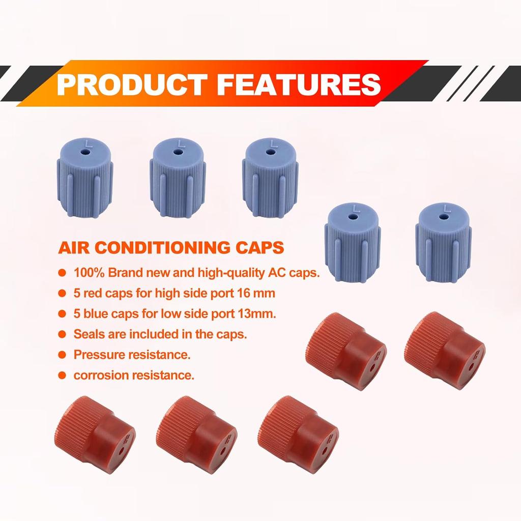 10Pcs/Set R134a Cap A/C Cap13mm & 16mm Air Conditioning Service AC System Charging Port Caps (5 Sets Red High & Blue Low)