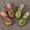 Johnature Retro Genuine Leather Colored Flower Round Toe Slippers Soft Soled Low Heel Comfortable Women's Slides