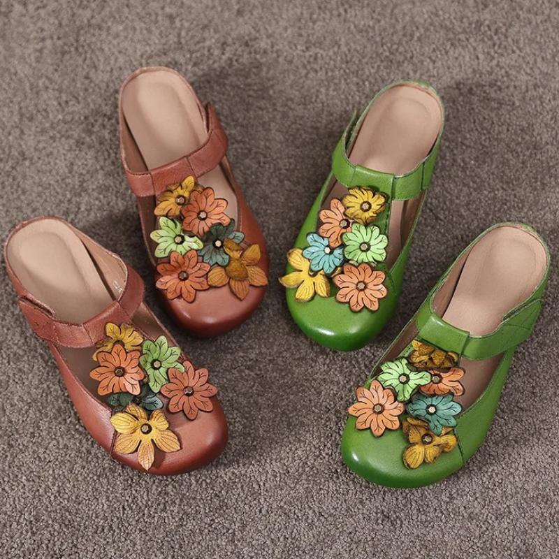 Johnature Retro Genuine Leather Colored Flower Round Toe Slippers Soft Soled Low Heel Comfortable Women's Slides