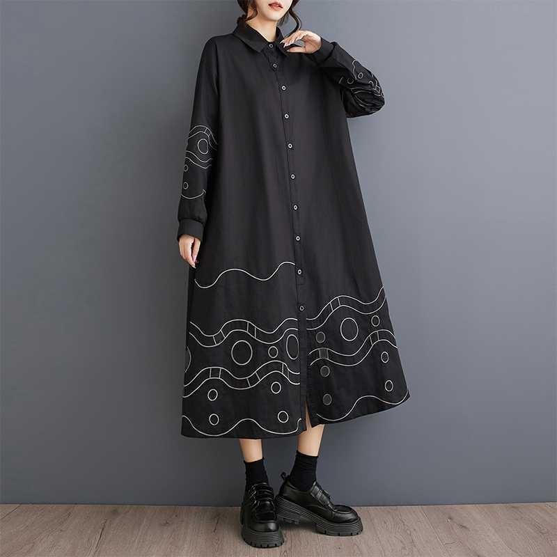 Lösa Plus Size Splicing Casual Enkla Broderier Söta Långärmade Klänningar