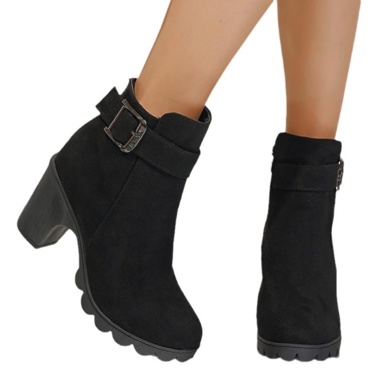 Large Size Martin Boots Women's Autumn and Winter Retro Coarse Heel Belt Buckle Fashion Boots Round Head High Heel Short Boots