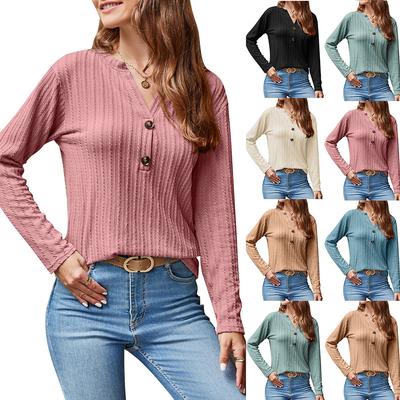 2024 Autumn Winter New Women Long Sleeve T-shirts Ladies Fashion Buttons V-neck Knitted Tee Shirt Female Solid Color Casual Tops