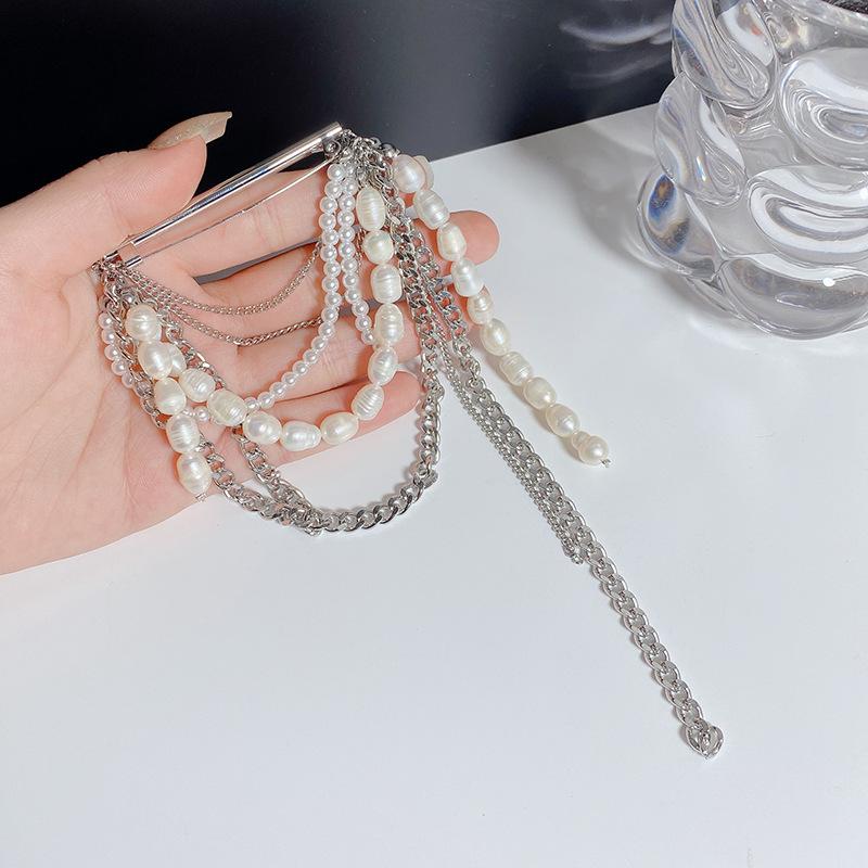Korean White Imitation Pearl Pin Brooch For Women Girl Vintage Elegant Metal Multi-layer Tassel Chain Brooch Jewelry Accessories