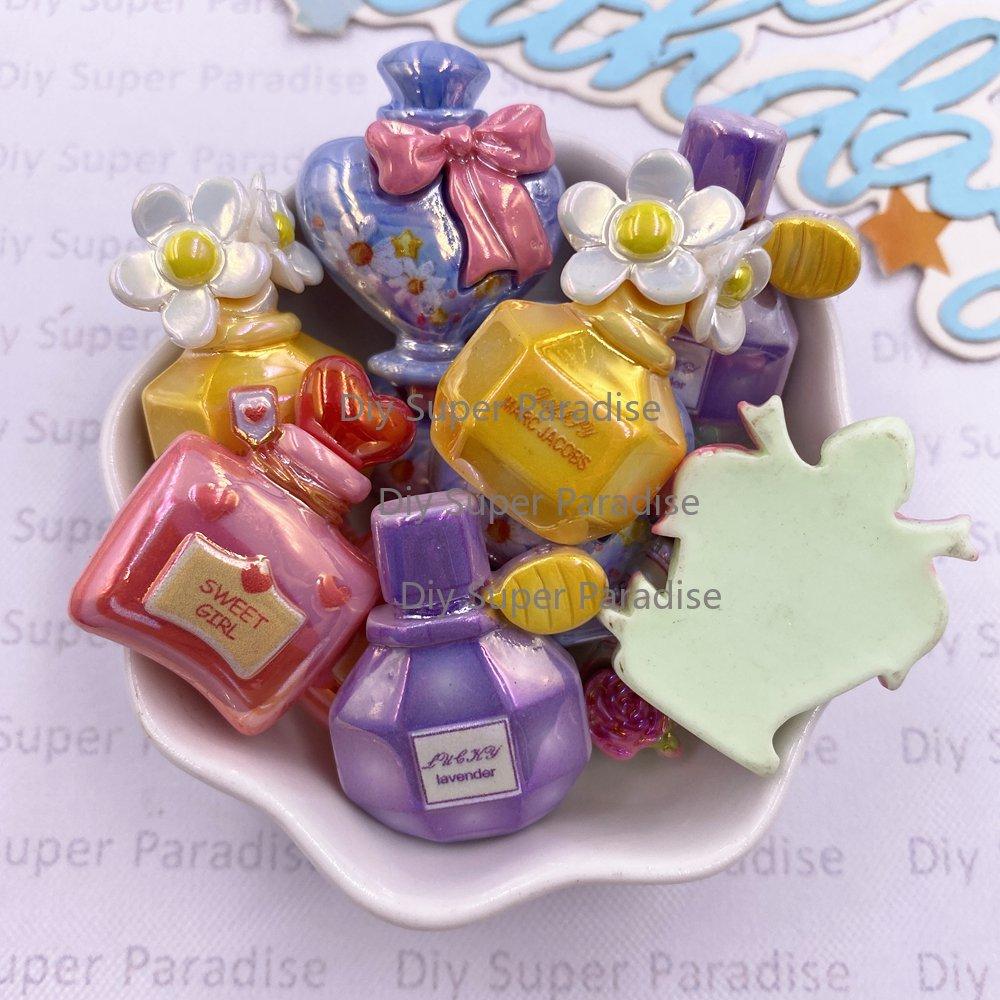 8 piezas de resina Kawaii coloridas botellas de perfume con forma de flor para álbumes de recortes, figuras de piedra con parte posterior plana, manualidades de decoración del hogar, accesorios de joyería
