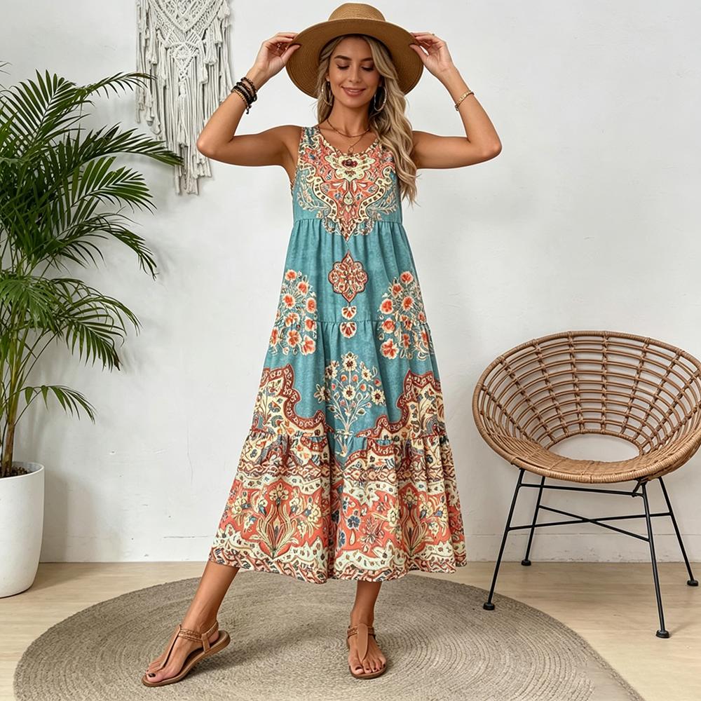 Women's Vintage Floral Print Tiered Midi Dress, Sleeveless Loose Bohemian Beach Dress